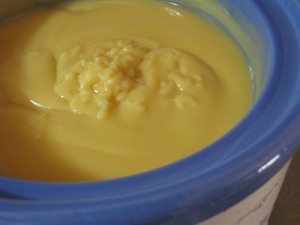 after blending the lye/milk solution with the oils, the soap is at "trace"